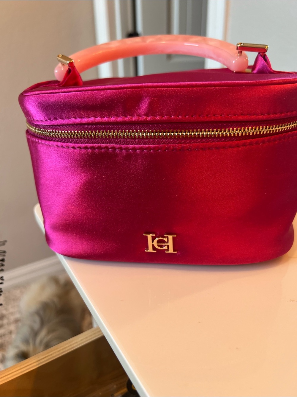 Carolina Herrera Fuchsia Satin Cosmetic Case with Pink Handle and Gold Hardware